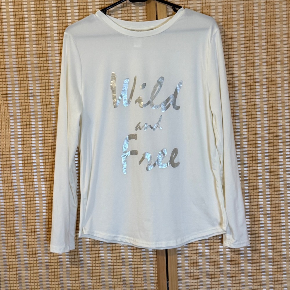 Just Be Womens Wild and‎ Free Graphic Tee Cream Silver Metallic Long Sleeve L